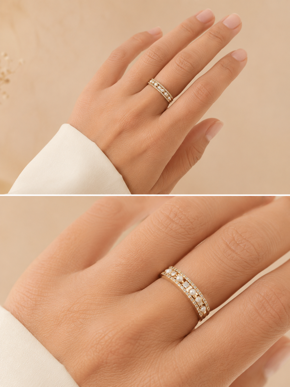 Bague en Plaqué Or, Oxydes de Zirconium et perles de nacre
