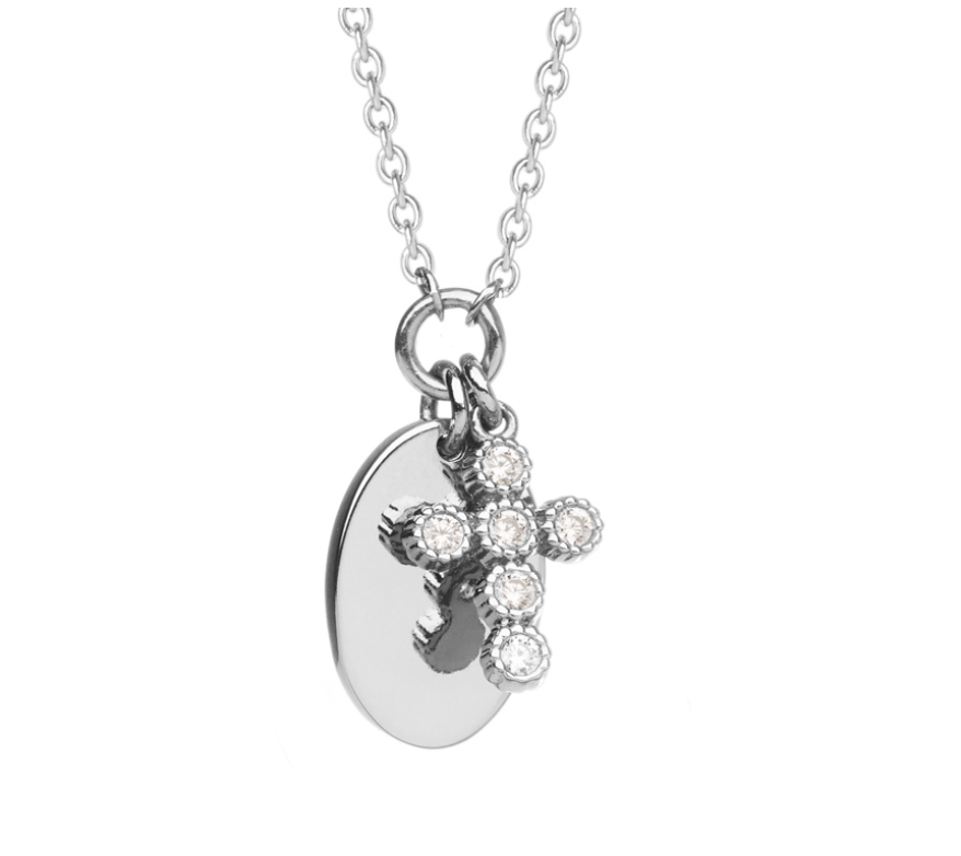 COLLIER ARGENT - PENDENTIF PLAQUE OVALE ET CROIX OXYDES