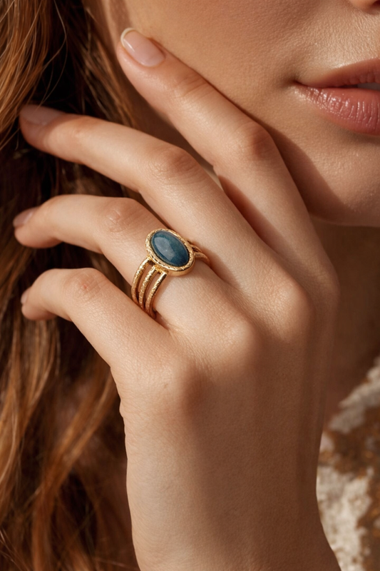 BAGUE PLAQUÉ OR - APATITE BLEU