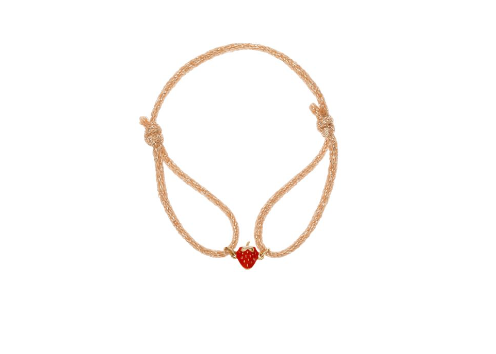 BRACELET ENFANT - LACET ROSE - PENDENTIF FRAISE LAQUE ROUGE