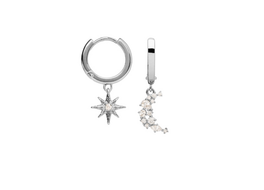 BOUCLES D'OREILLES ARGENT ET OXYDES - CREOLES - LUNE ET ETOILE