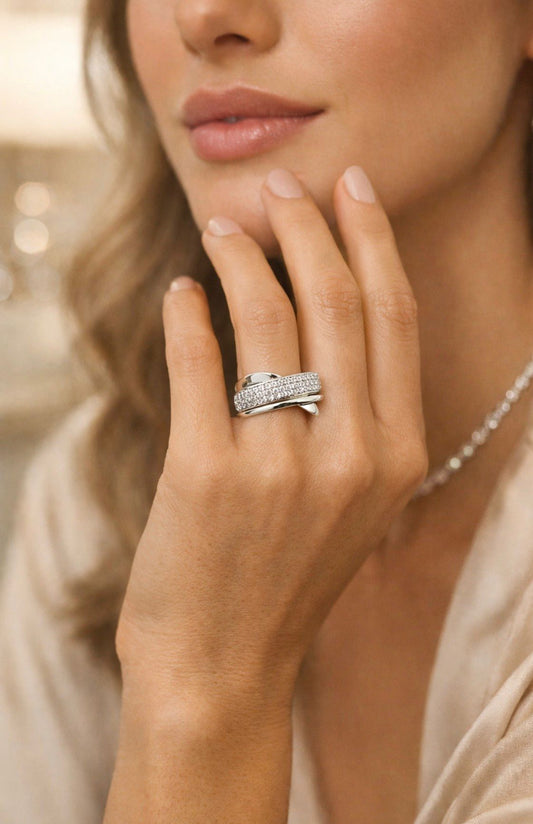 BAGUE ARGENT CROISÉE - OXYDES DE ZIRCONIUM - PIECE UNIQUE