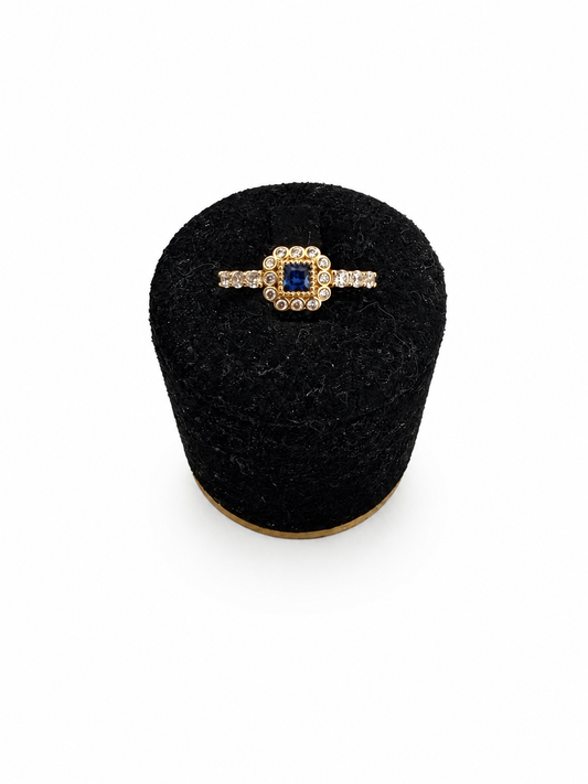 Bague en Plaqué Or sertie d'Oxydes Blanc et Bleu style Art Déco