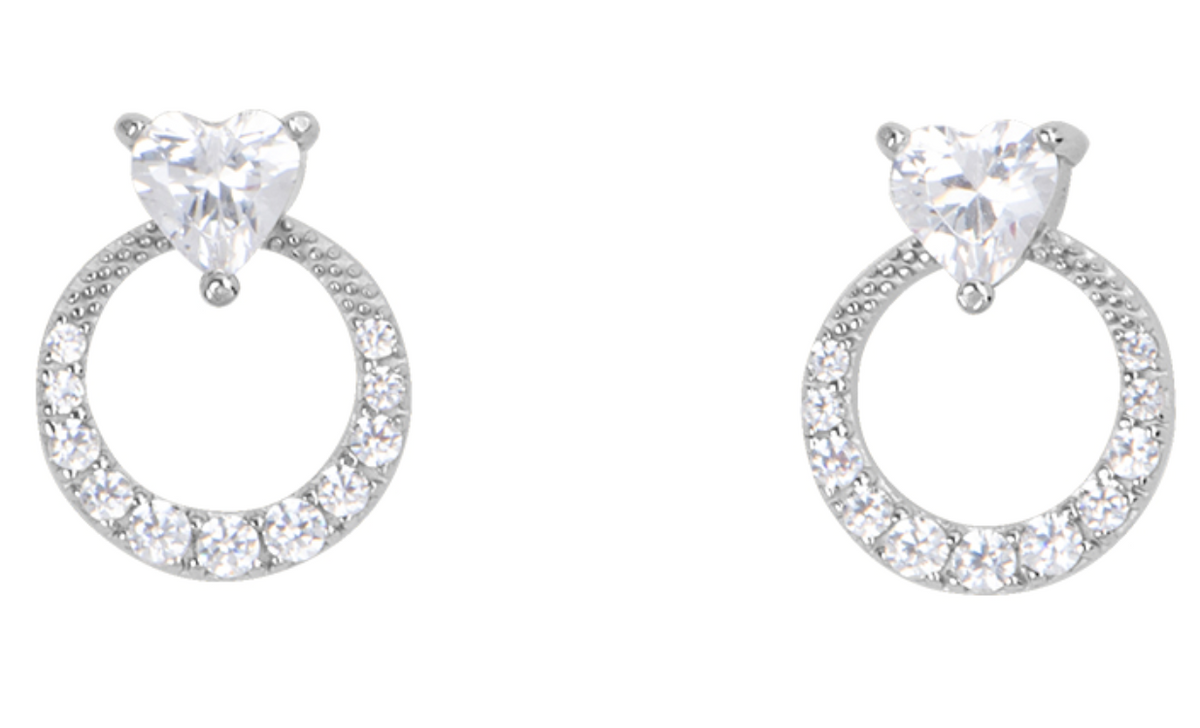 Boucles d'oreilles puces en Argent  – Cœur et anneau pavé d'oxydes de zirconium