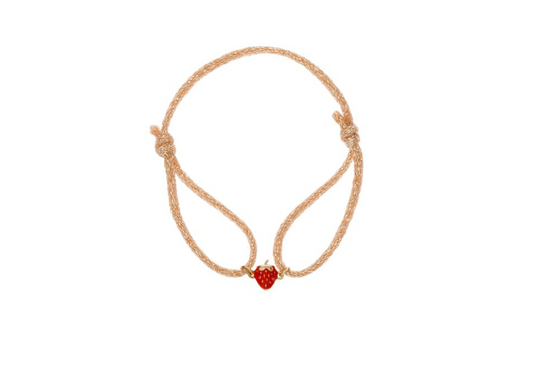 BRACELET ENFANT - LACET ROSE - PENDENTIF FRAISE LAQUE ROUGE