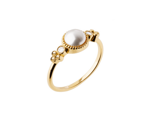 BAGUE PLAQUÉ OR-PERLE BLANCHE-OXYDES